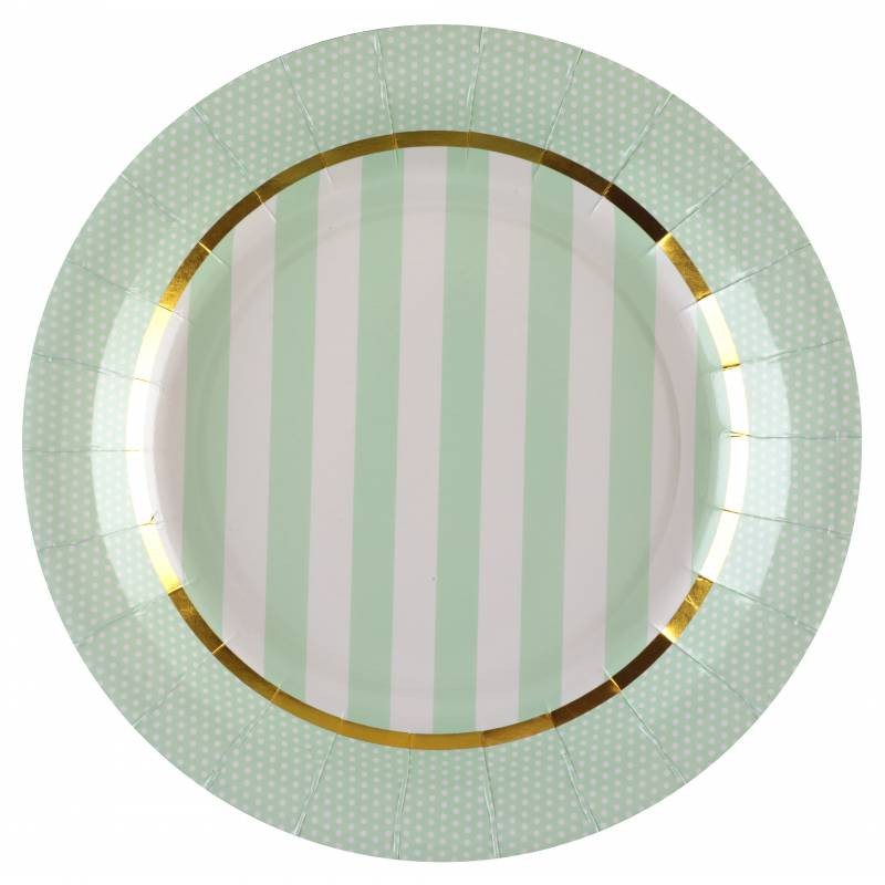 Assiette rayée vert et blanc liseré or