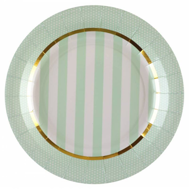 Assiette rayée vert et blanc liseré or