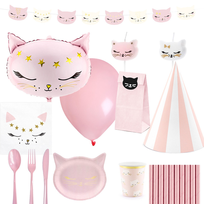 Pack decoration anniversaire chat fille pour 6 personnes