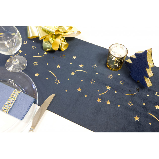 Chemin de table en velours bleu marine et étoiles dorées - 28cm x 3m.