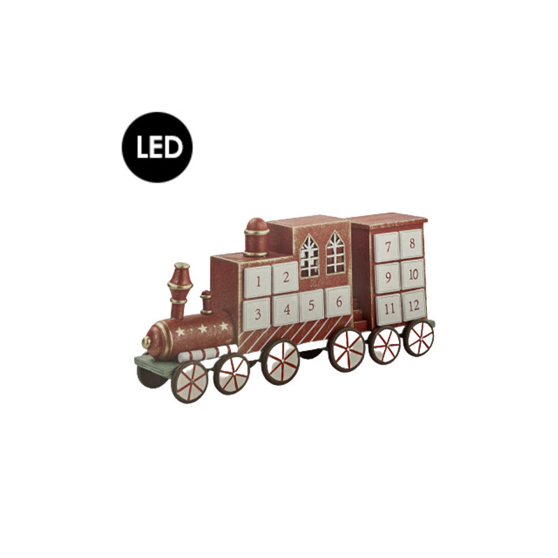 Calendrier de l'avent train en bois rouge - 38.5 x 7.5 x 19.5