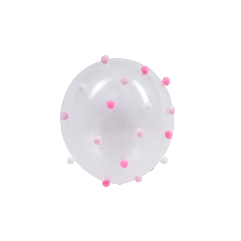 Ballons transparents avec pompon rose et blanc x5