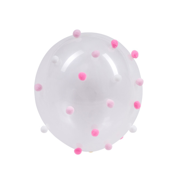 Ballons transparents avec pompon rose et blanc x5