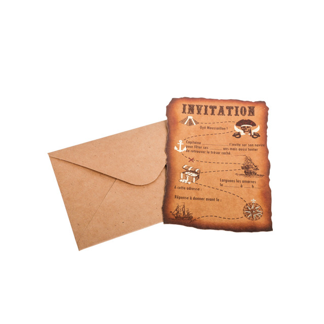 Invitations pirate + enveloppes kraft et or x8 - 10x15cm