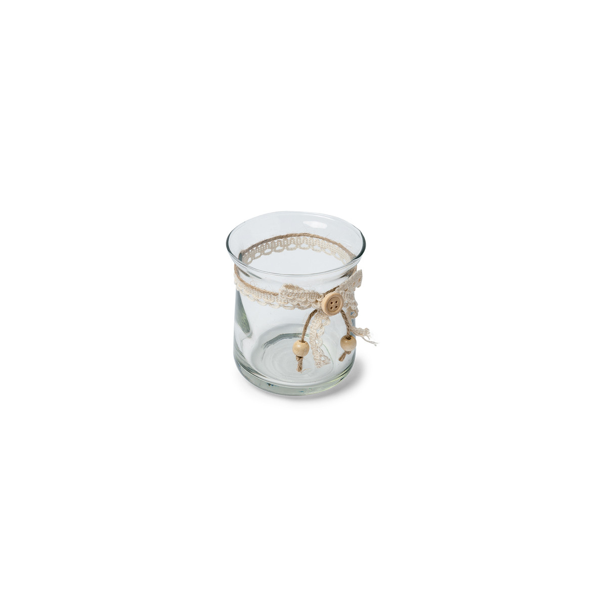Photophore champêtre verre et dentelle ivoire 8.5x9cm