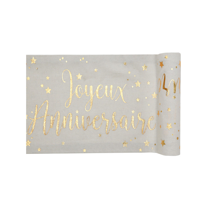 Chemin de table blanc et or avec inscrit Joyeux Anniversaire