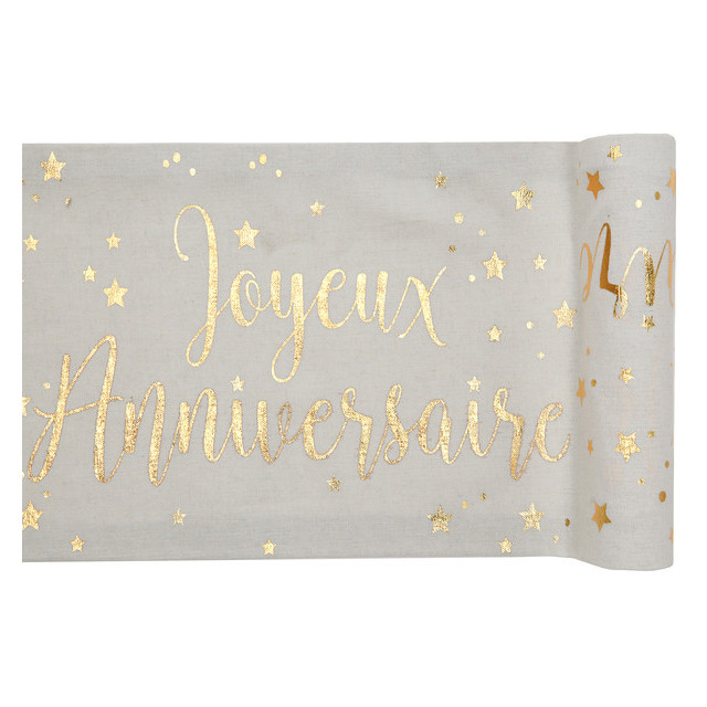 Chemin de table blanc et or avec inscrit Joyeux Anniversaire