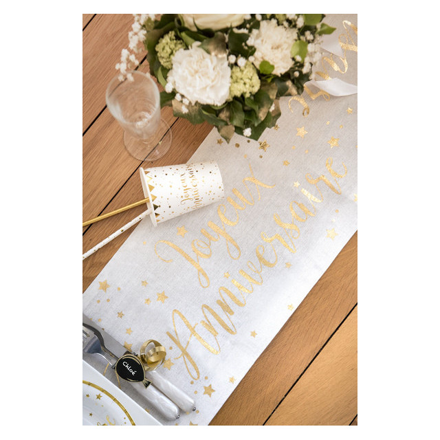 Nappe Joyeux Anniversaire blanche et or 3 m