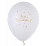 8 Ballons en latex Joyeux Anniversaire blanc et doré métallisé 23 cm -  Vegaooparty