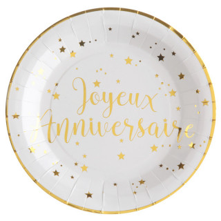 x6 Assiette carton bleu anniversaire 20 cm