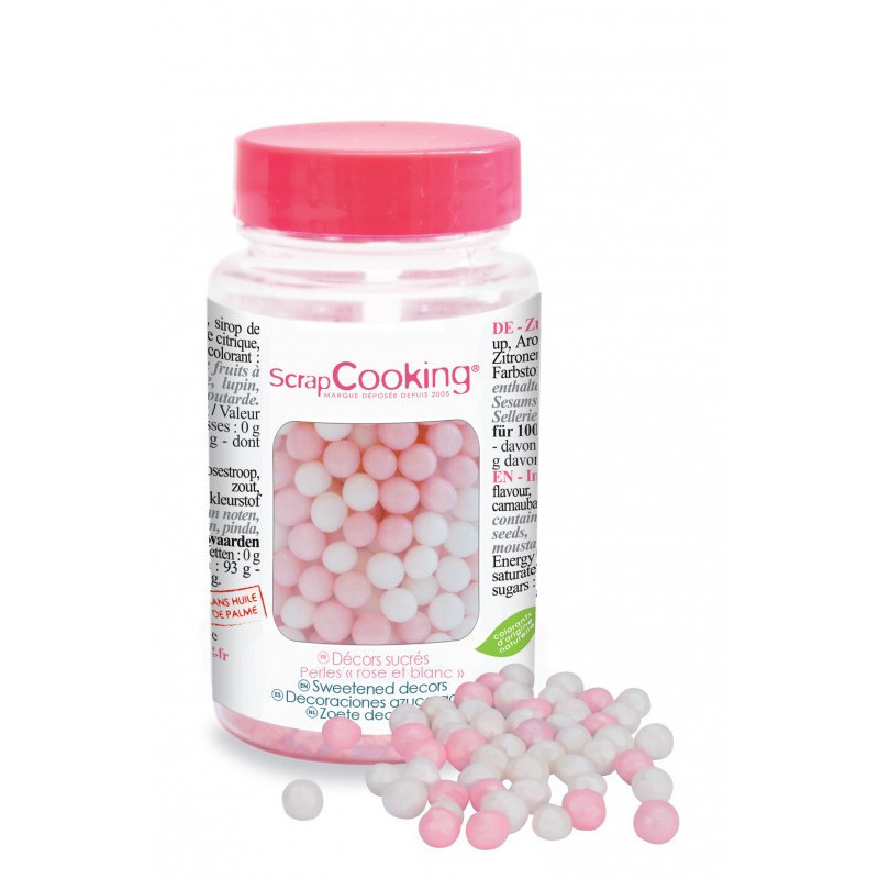 Pot de décors sucrés sprinkles perles blanc/rose 55g