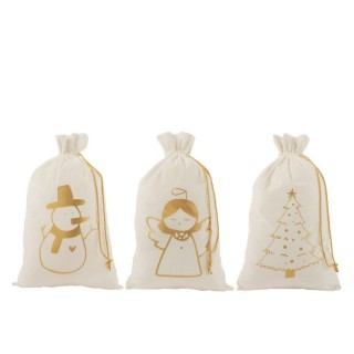 Set de 3 sacs de Noël en velours blanc et or avec personnages de Noël