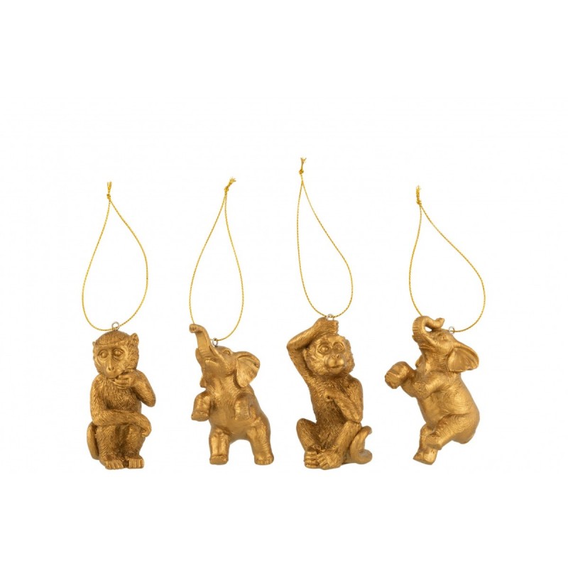 Assortiment de singe et éléphant suspendus en résine doré pour décorer votre sapin de Noël