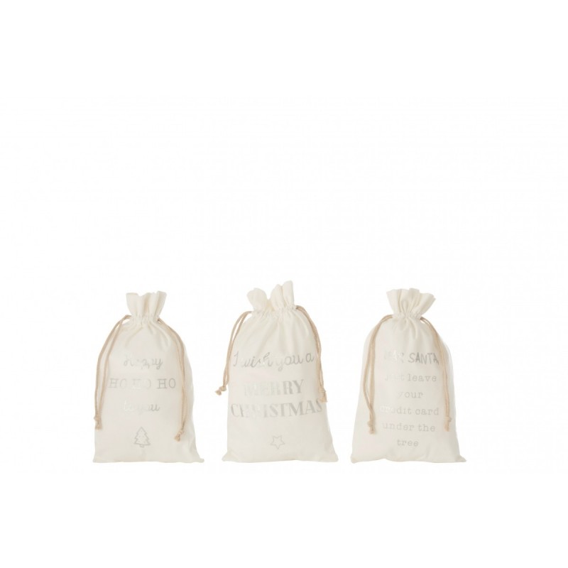3 sacs cadeaux Noël en velours blanc avec inscription anglais 50 cm