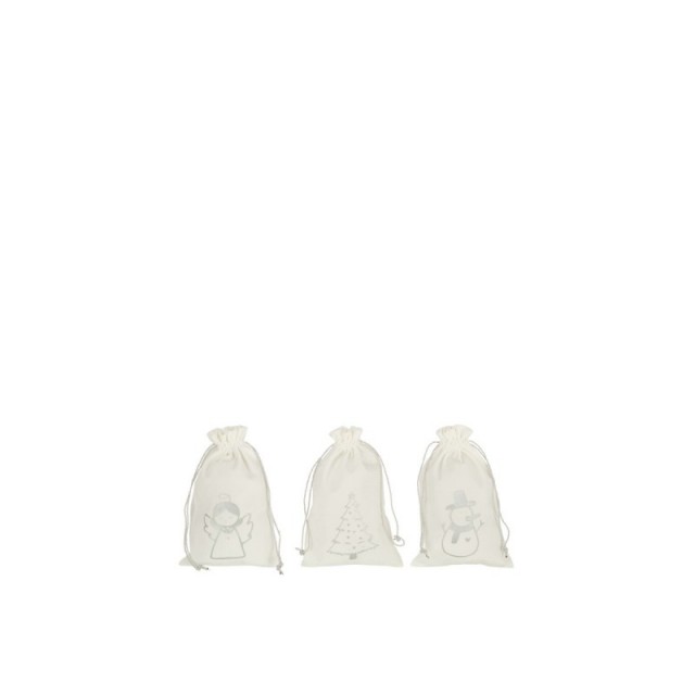 Assortiment de 3 sacs de Noël en velours blanc avec personnages de Noël en argent