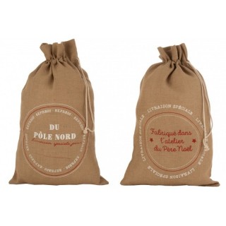 2 sacs cadeaux Noël en jute naturelle avec inscription français 80 cm