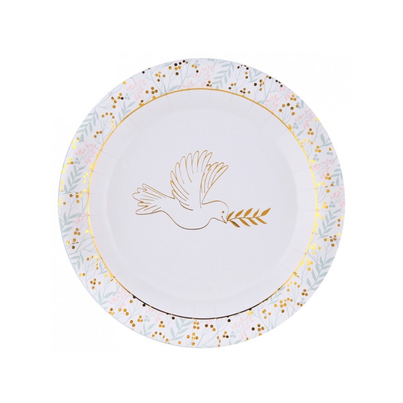 Lot de 6 assiettes en carton communion blanc et argent