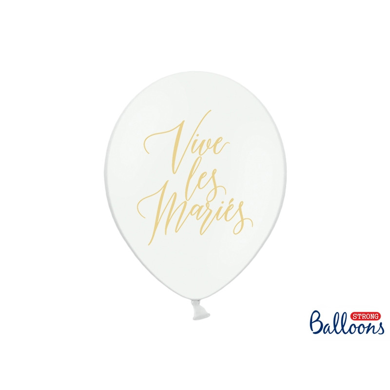 50 ballons baudruche vives les mariés blanc et or