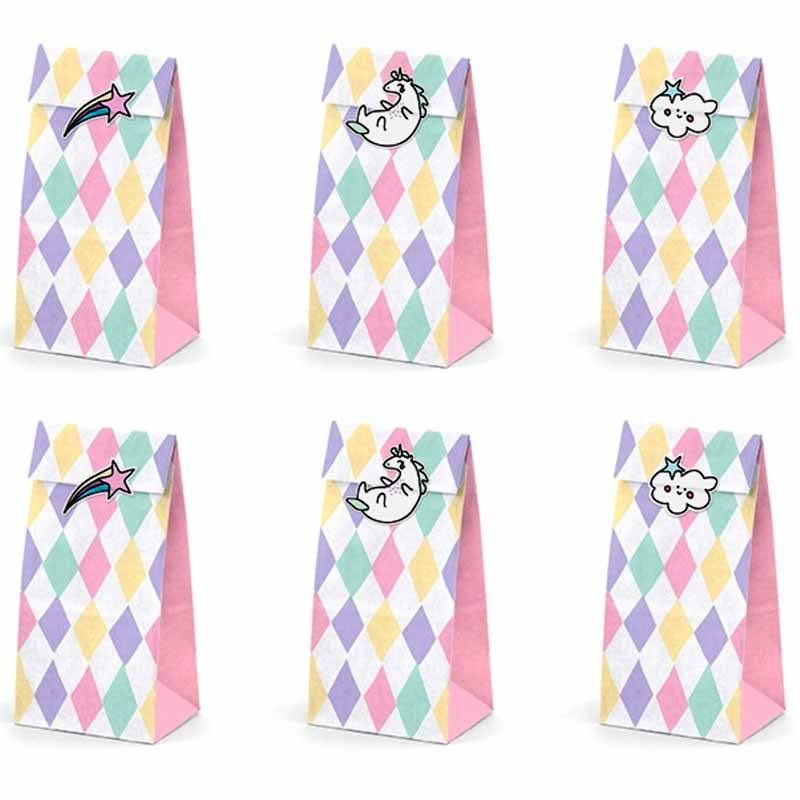 6 Sachets Anniversaire Licorne Rainbow + Stickers