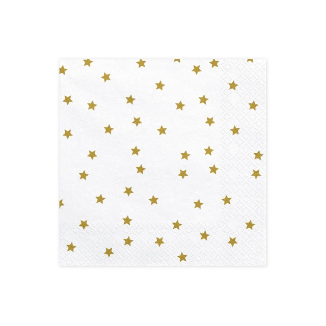 20 serviettes en papier blanches et étoiles dorées