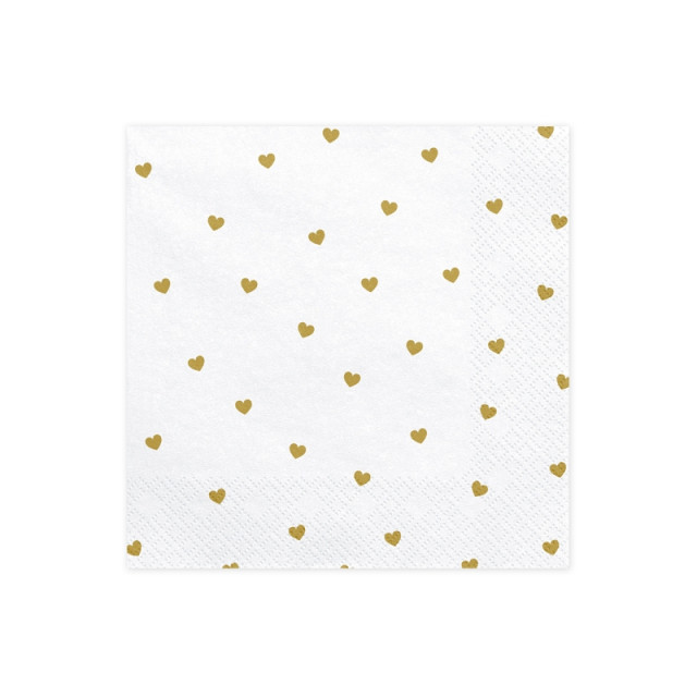 20 serviettes en papier blanche et coeur dorés