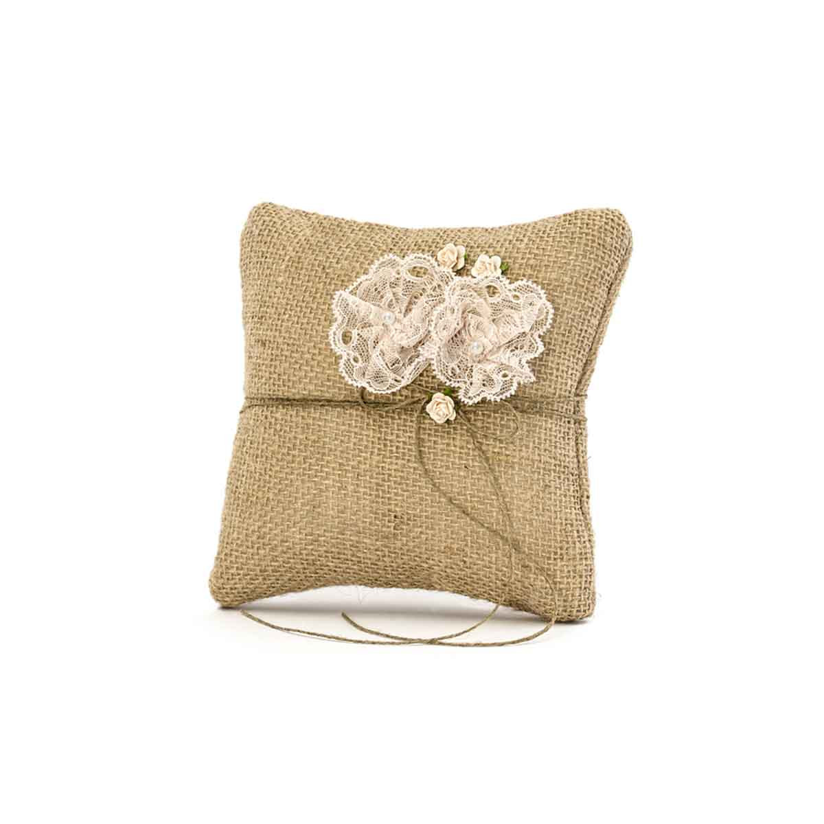 Coussin d'alliance Jute et fleurs dentelle