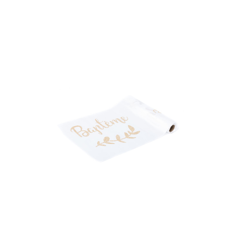 Chemin de Table Bapteme Satin Blanc et Champagne