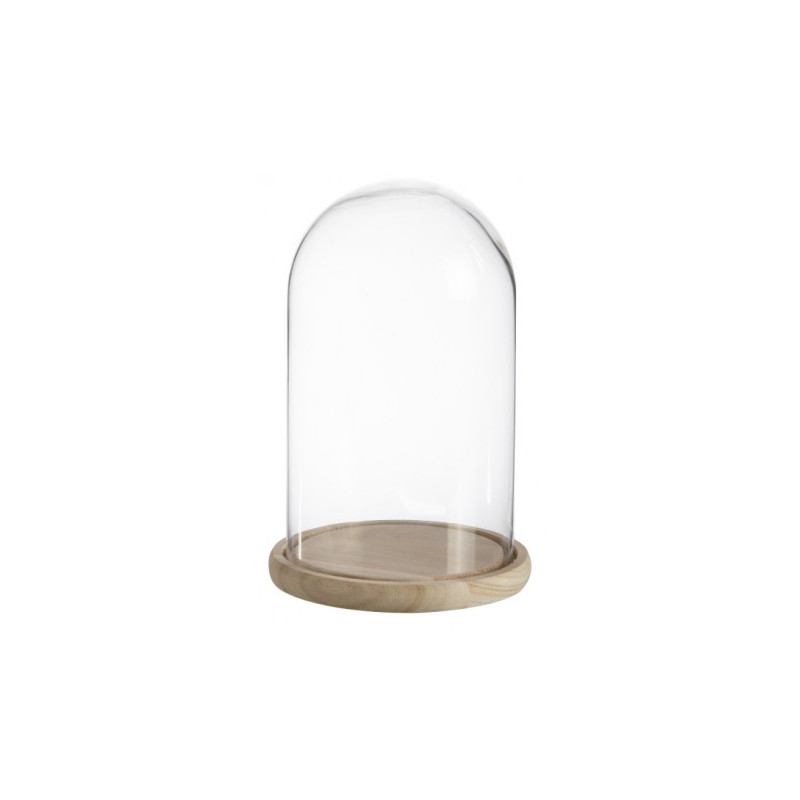 Cloche en verre avec plateau en bois, 15 cm de diamètre, Verre