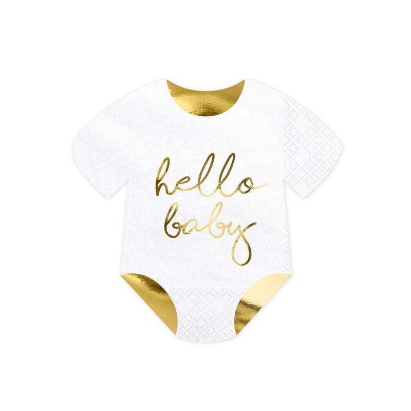 x20 Serviettes Body "Hello Baby" blanche et or