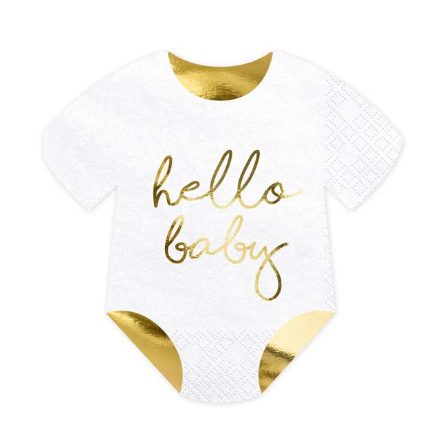 x20 Serviettes Body "Hello Baby" blanche et or