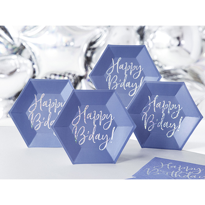 x6 Assiette carton bleu anniversaire 20 cm